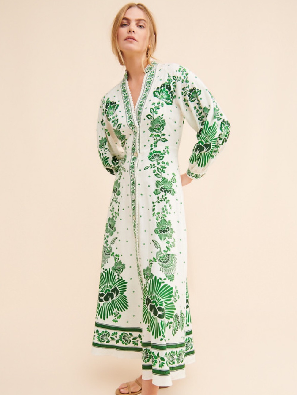 Farm Rio Forest Soul Off-White Green Floral Maxi Dress Size S